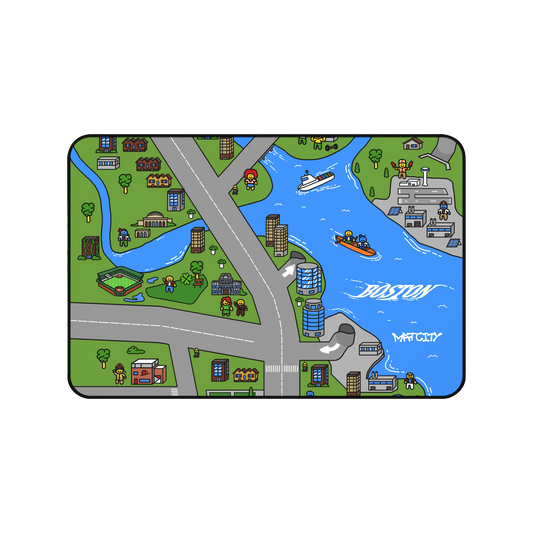 A flat view of the Matcity Boston Mouse Mat Medium, displaying a colorful map of Boston’s landmarks, roads, and rivers with whimsical figures along the streets.