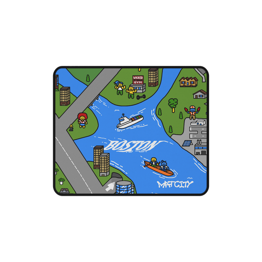 A close-up of the Matcity Boston Mouse Mat Small, showcasing Boston's waterways, buildings, and playful character designs in vibrant colors.