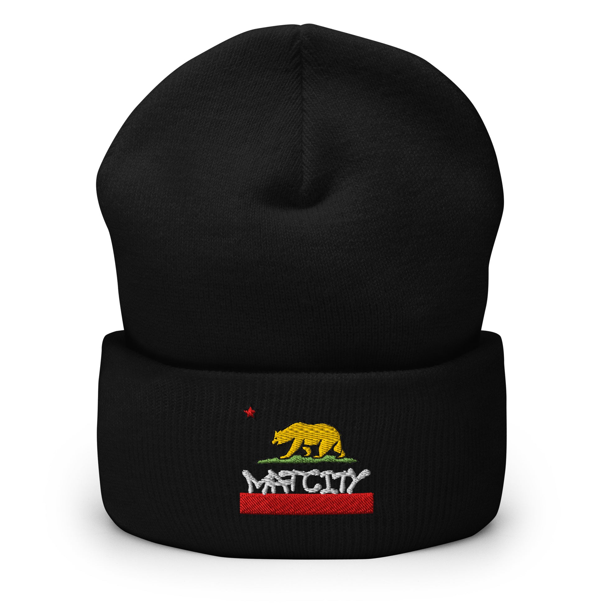 A black cuffed beanie featuring the embroidered California bear, red star, and Matcity logo over a red stripe on the front fold.