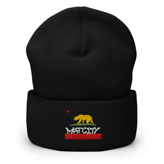 A black cuffed beanie featuring the embroidered California bear, red star, and Matcity logo over a red stripe on the front fold.