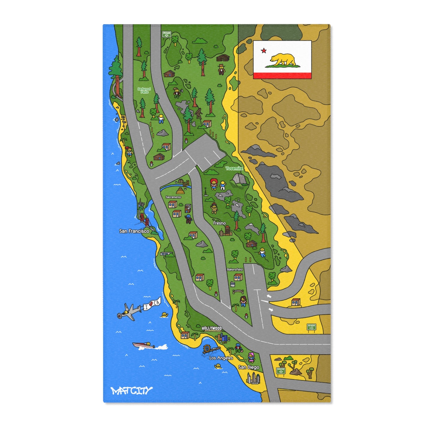 A colorful play mat of California featuring landmarks like Los Angeles, San Francisco, Yosemite, and the coastline with the California flag in the corner.