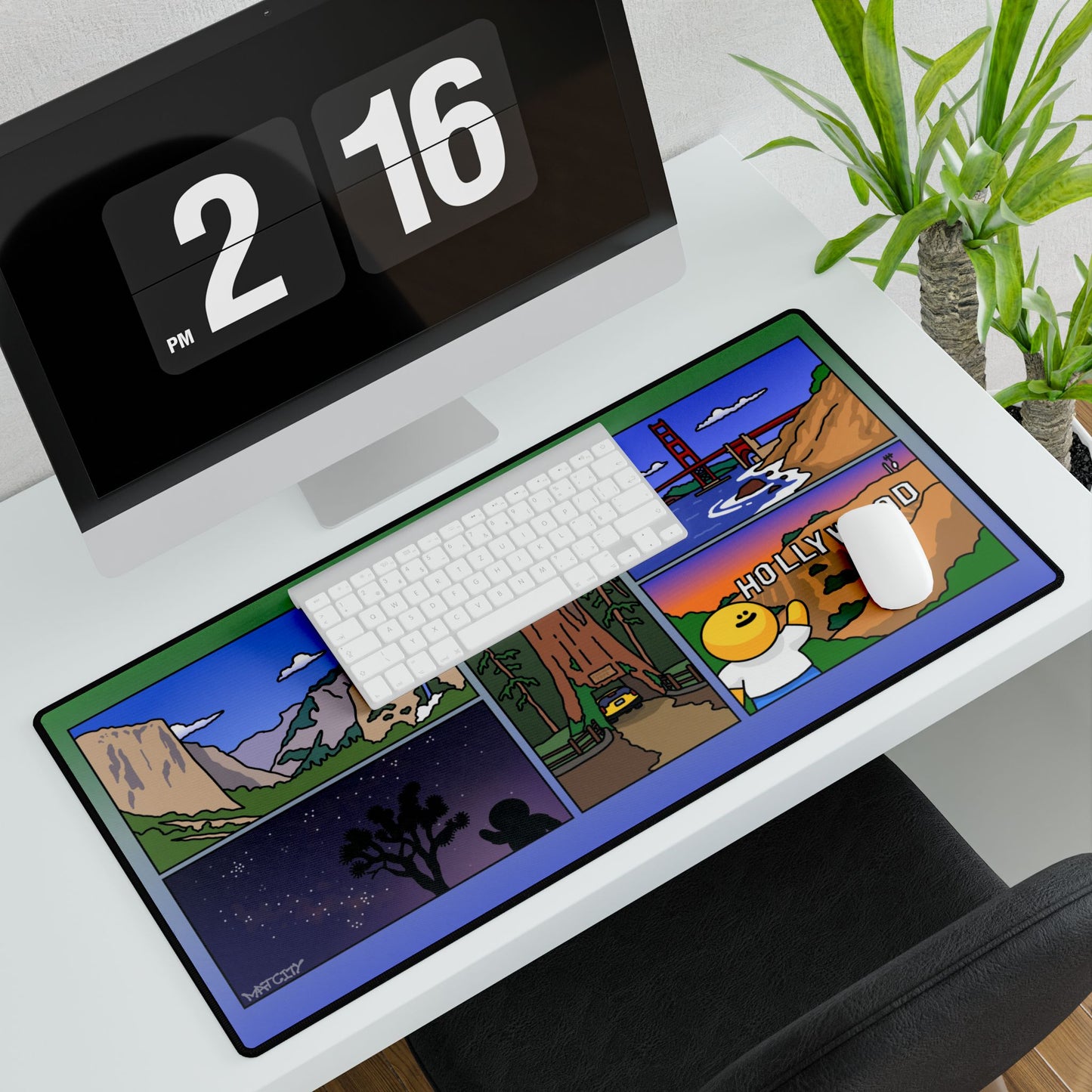 Large Matcity California Mouse Pad placed under a keyboard and mouse on a white desk, featuring a colorful California landmark collage.