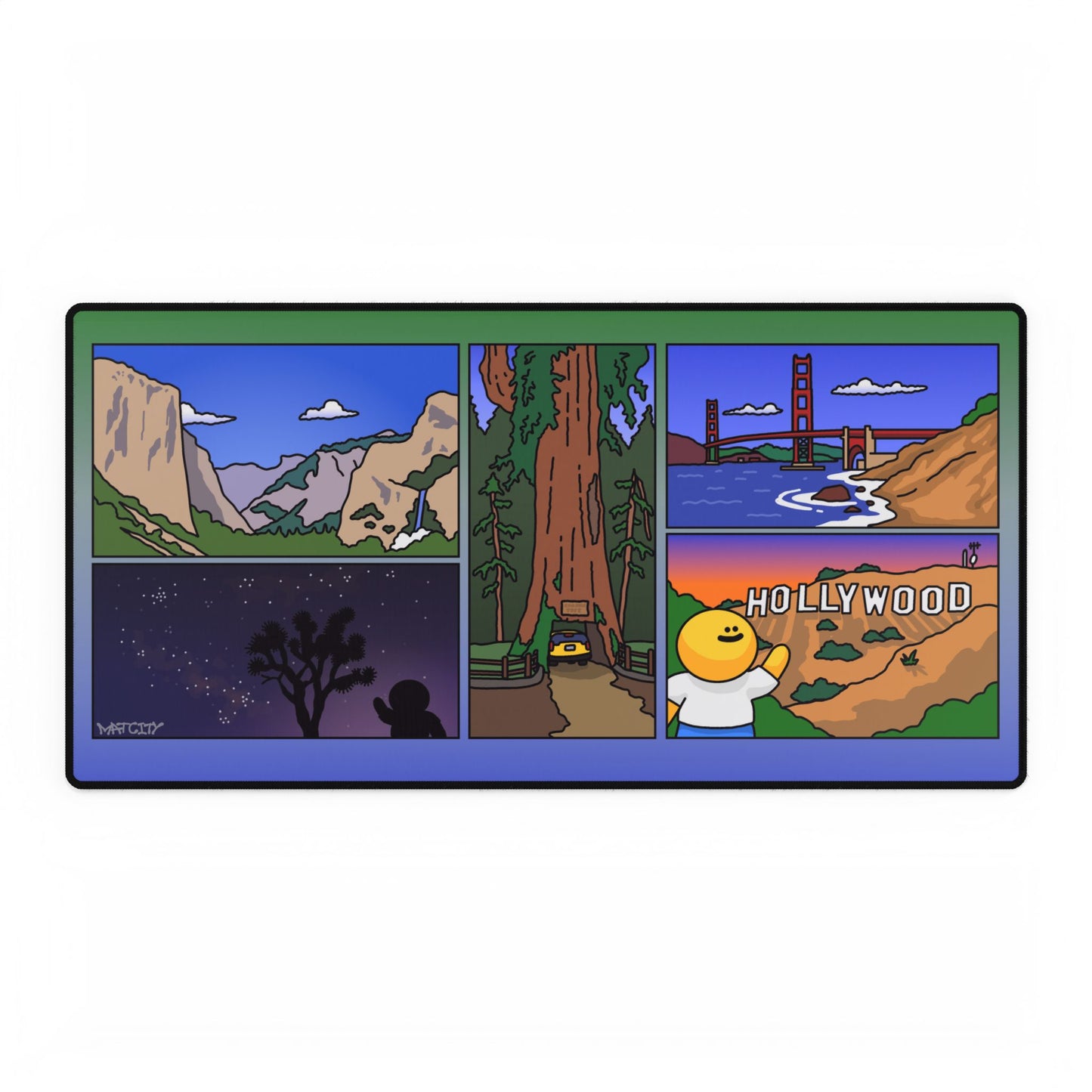 A large Matcity California Mouse Pad showing Yosemite cliffs, giant redwoods, the Golden Gate Bridge, and the Hollywood sign at sunset.