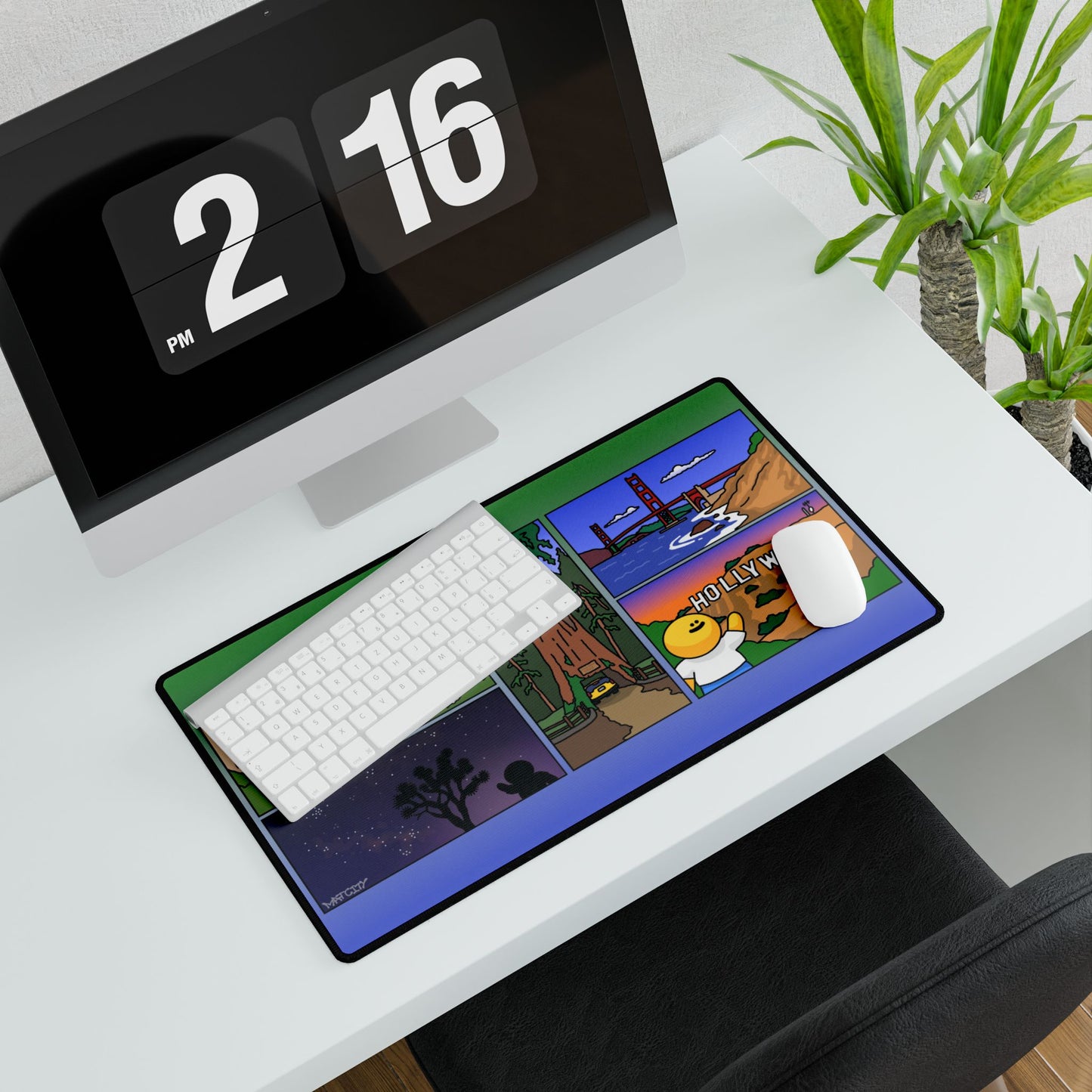 Medium Matcity California Mouse Pad on a clean workspace setup, showing California’s famous sights in a vibrant illustrated style.