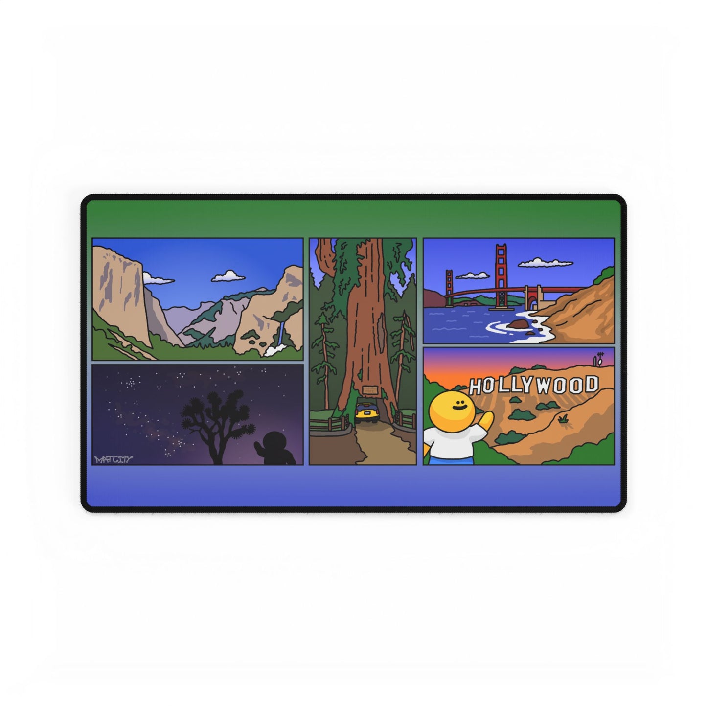 Medium-sized Matcity California Mouse Pad featuring a collage of Yosemite, a starry desert night, a redwood forest, and the Hollywood sign.