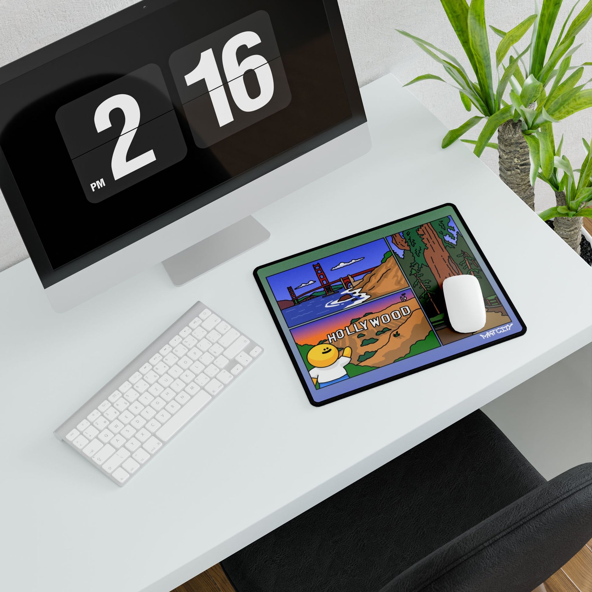 Small Matcity California Mouse Pad on a white desk with keyboard and mouse, highlighting the Hollywood and Golden Gate Bridge illustrations.