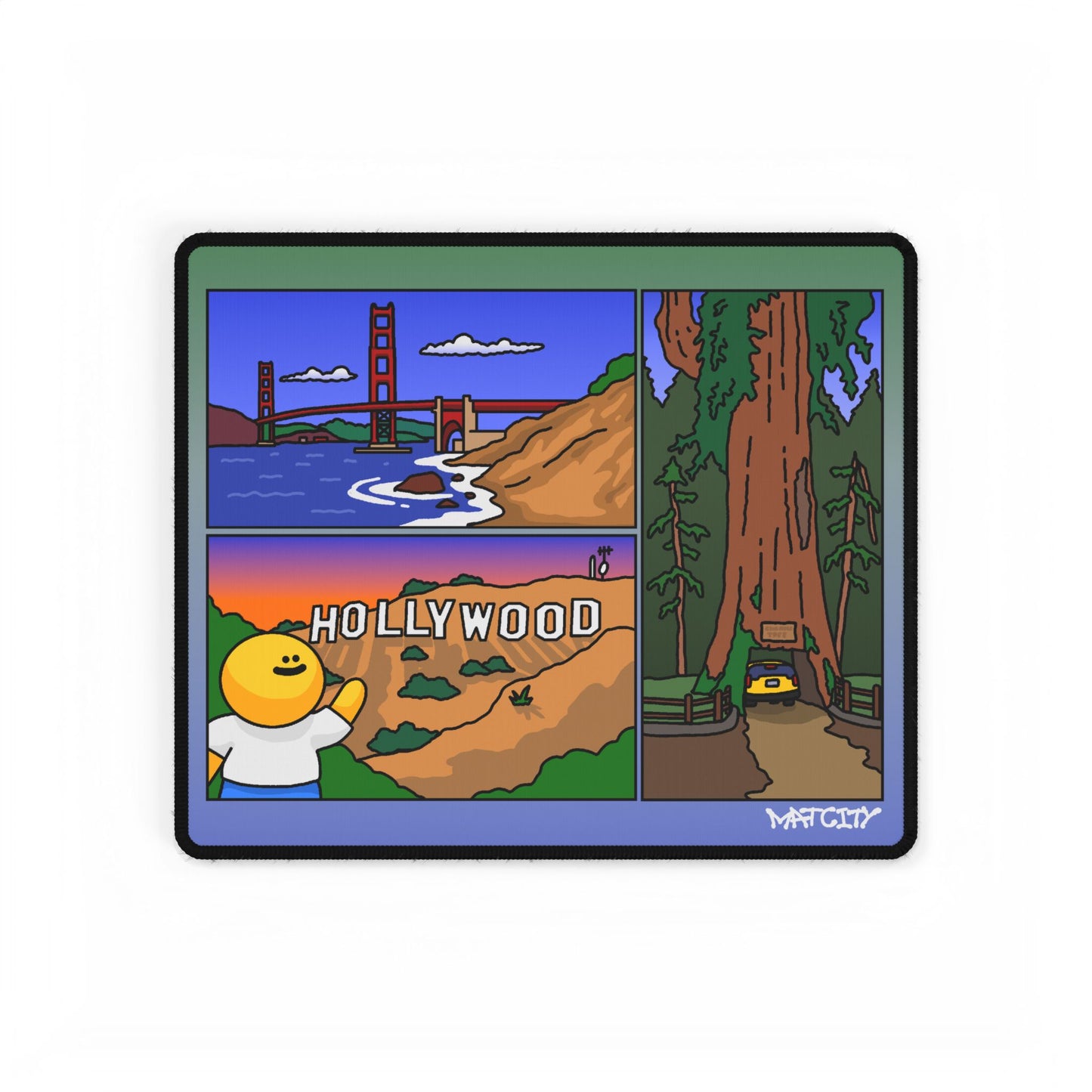 Small Matcity California Mouse Pad with California landmarks including the Golden Gate Bridge, redwood forest, and Hollywood sign.