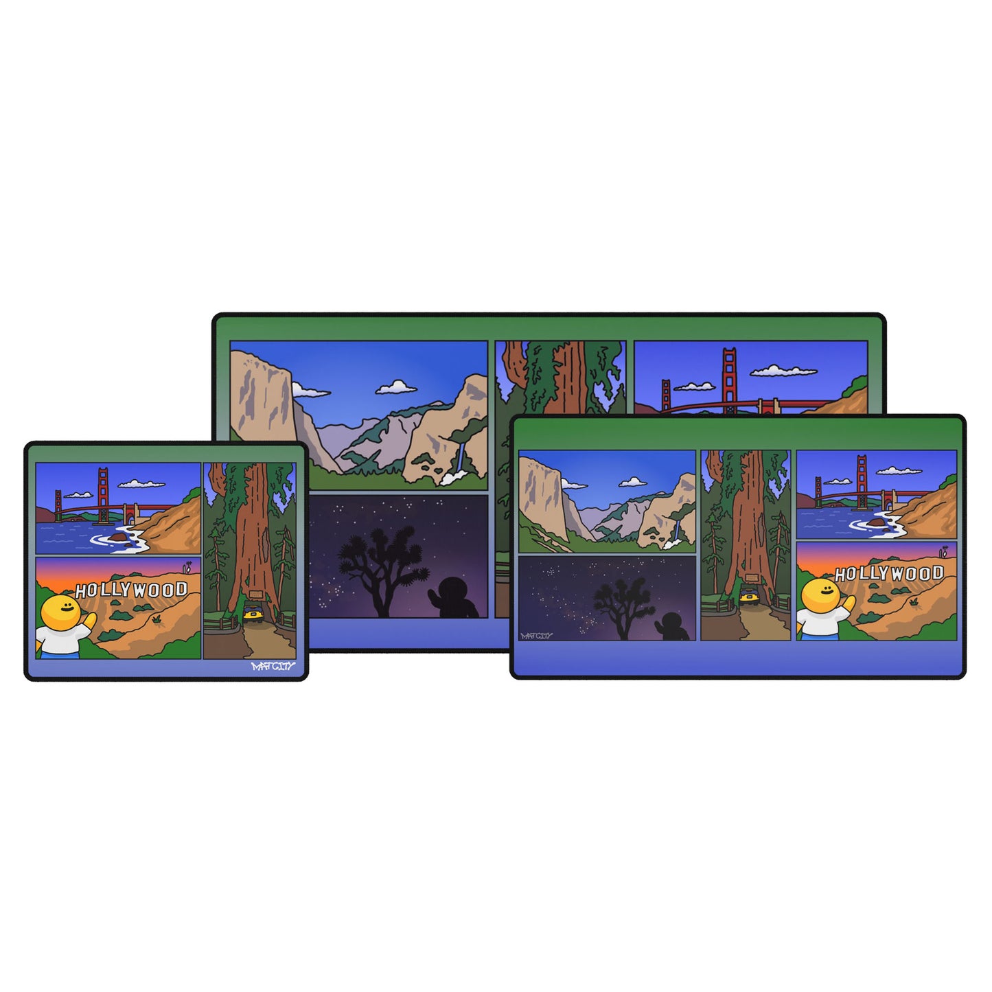 Three Matcity California Mouse Pads in various sizes, each displaying colorful scenes of California landmarks like Hollywood, Yosemite, and the Golden Gate Bridge.