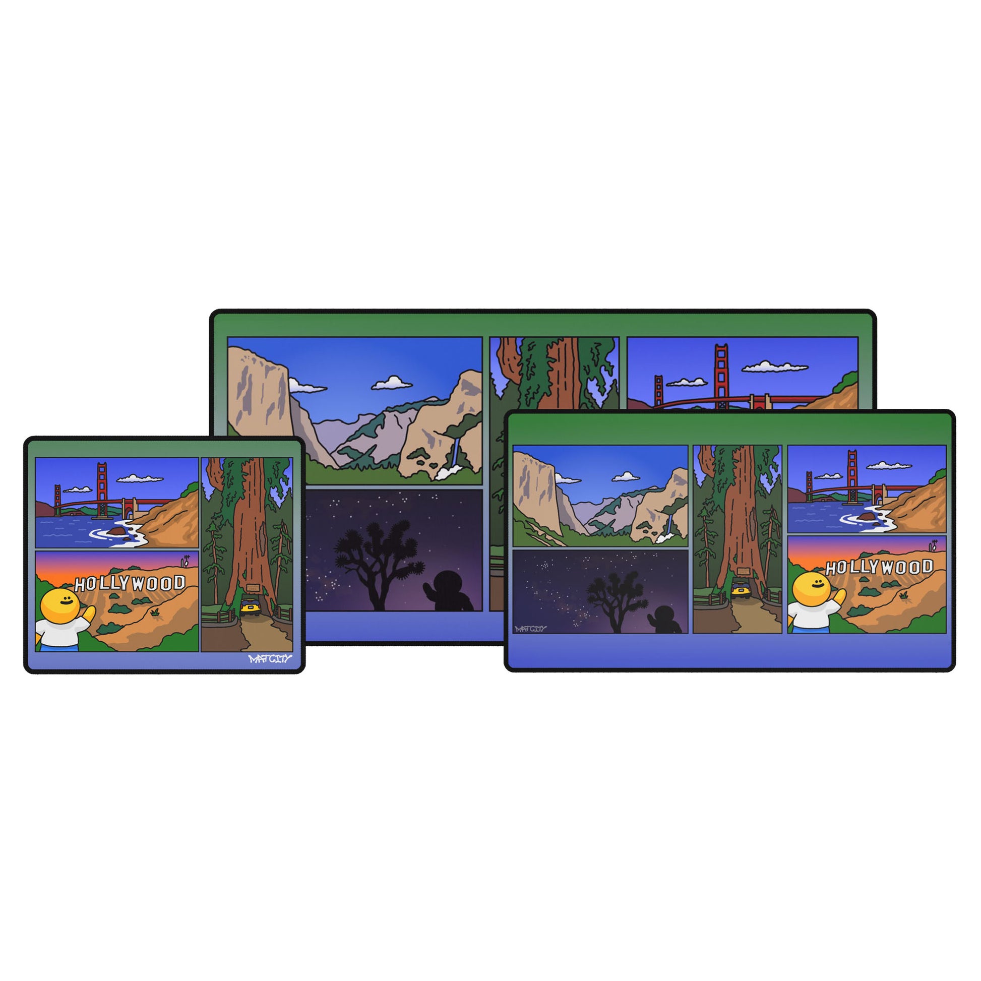 Three Matcity California Mouse Pads in various sizes, each displaying colorful scenes of California landmarks like Hollywood, Yosemite, and the Golden Gate Bridge.