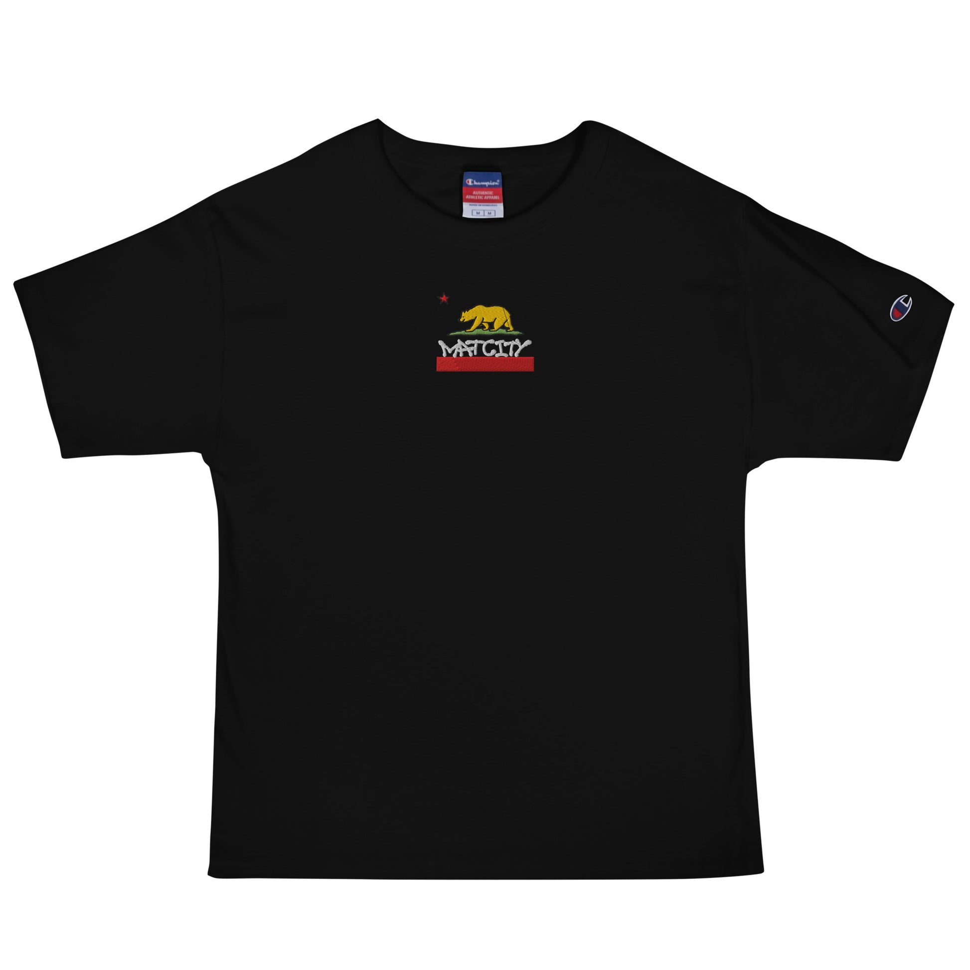 A black T-shirt featuring an embroidered California bear flag design with the Matcity logo, red stripe, and a red star above the bear.