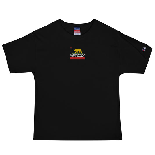 A black T-shirt featuring an embroidered California bear flag design with the Matcity logo, red stripe, and a red star above the bear.