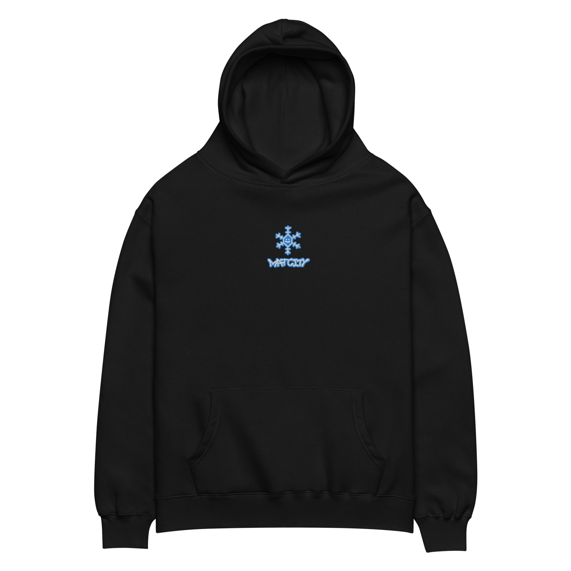 Black hoodie with light blue embroidered snowflake above Matcity graffiti logo centered on chest, hood up, laid flat on white background.