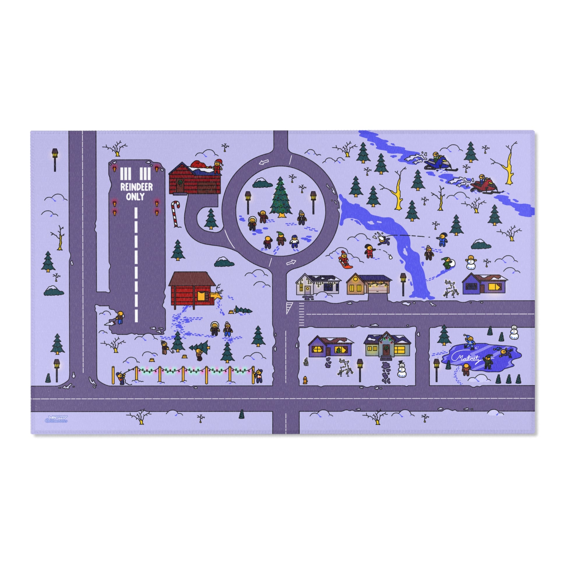 A snowy Matcity town with cabins, roundabout Christmas tree, reindeer landing strip and Santa.
