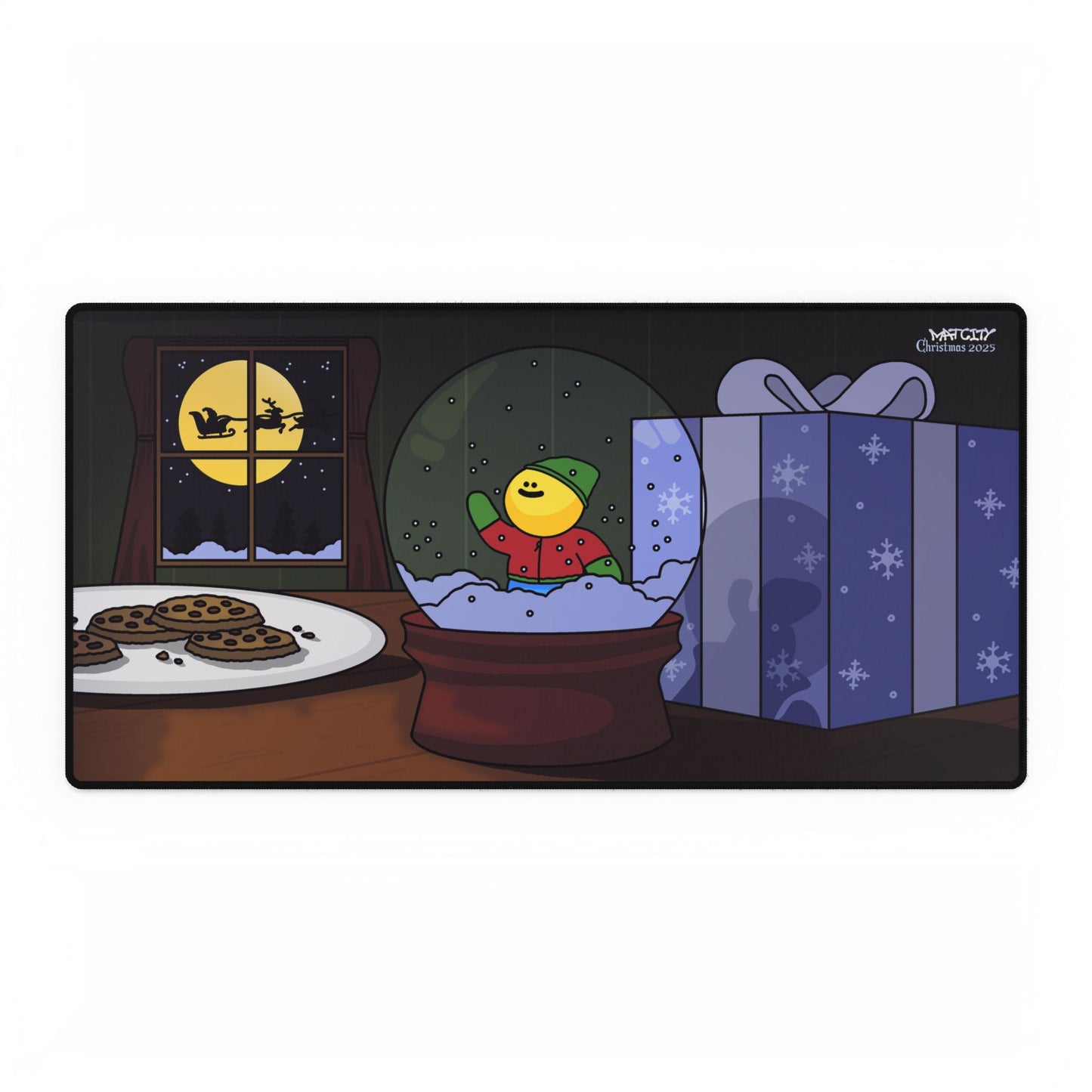 Large mouse pad, moonlit window with Santa silhouette, stack of cookies, glass snow globe holding a waving elf, and snow flake patterned blue present.