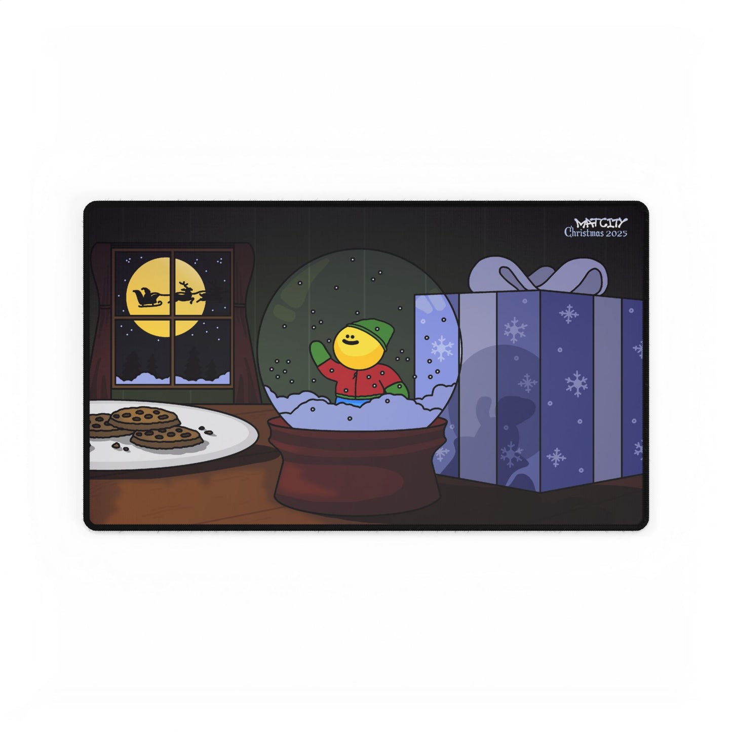 Medium mouse pad, smiling elf in the snow globe and a light blue present, framed by the moonlit window and cookie plate on a dark backdrop.