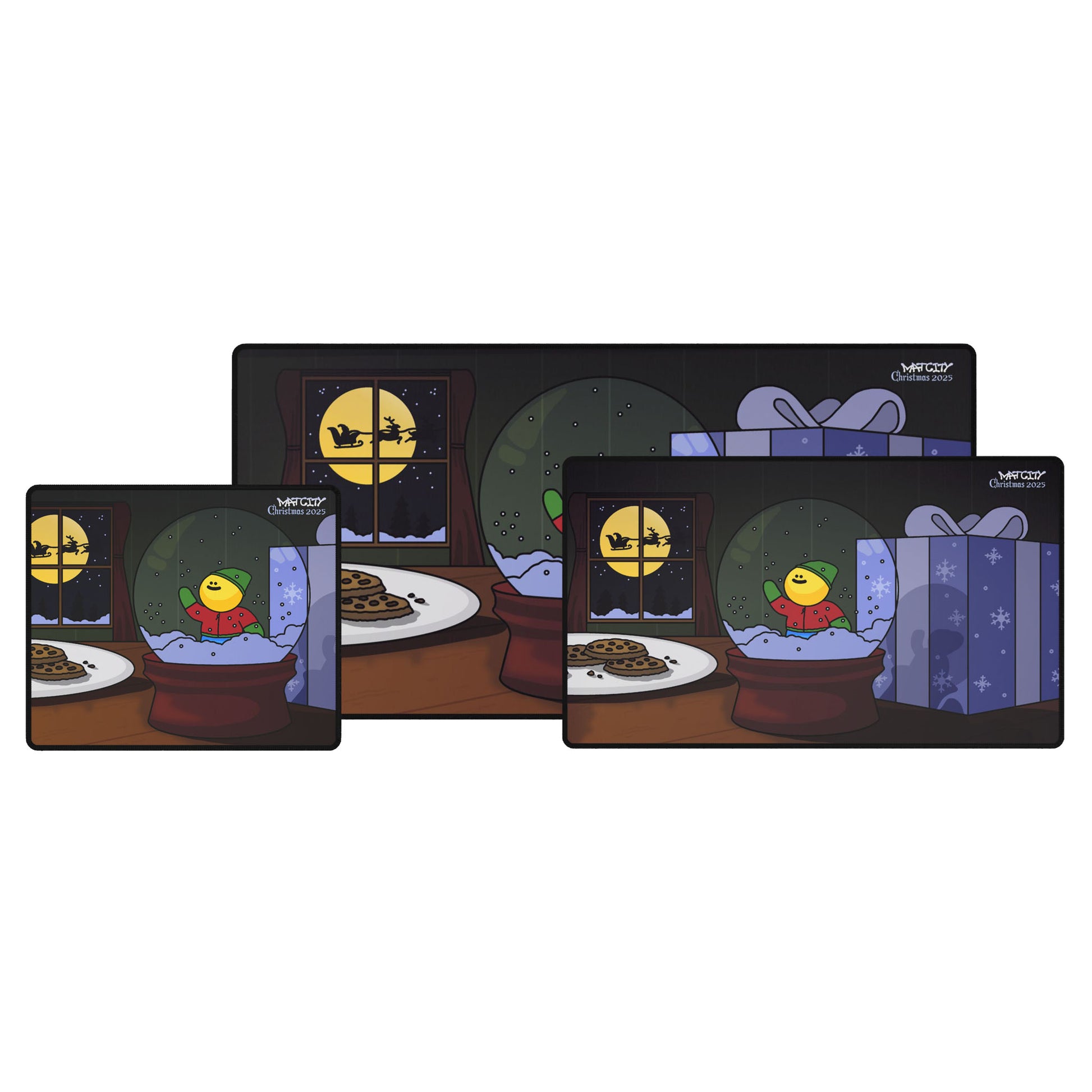Three Christmas 2025 mouse pads small, medium, and large. Window with Santa’s sleigh, cookie plate, snow globe elf, and a light blue present.