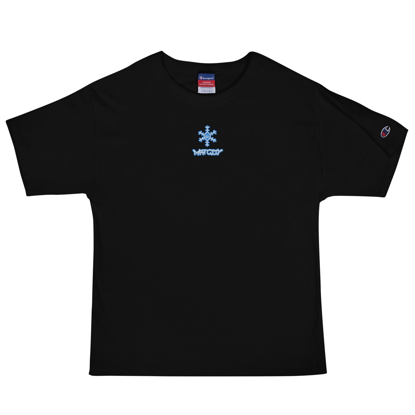Black Champion T-shirt laid flat, small blue snowflake and Matcity graffiti logo stitched at chest center under collar.
