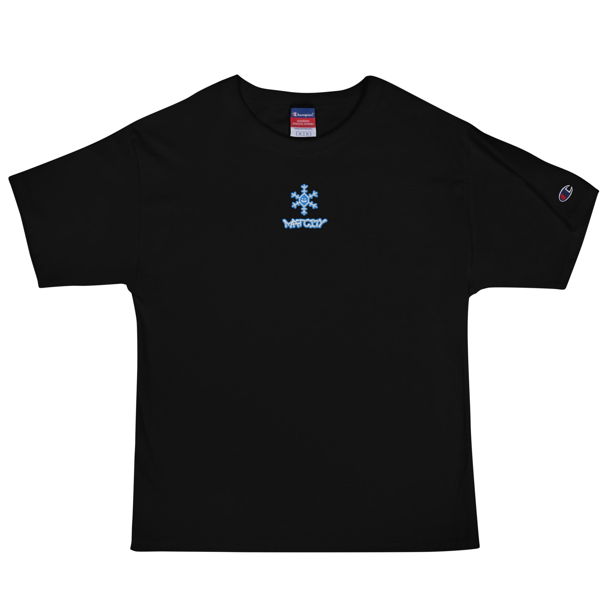 Black Champion T-shirt laid flat, small blue snowflake and Matcity graffiti logo stitched at chest center under collar.