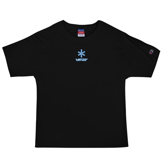 Black Champion T-shirt laid flat, small blue snowflake and Matcity graffiti logo stitched at chest center under collar.