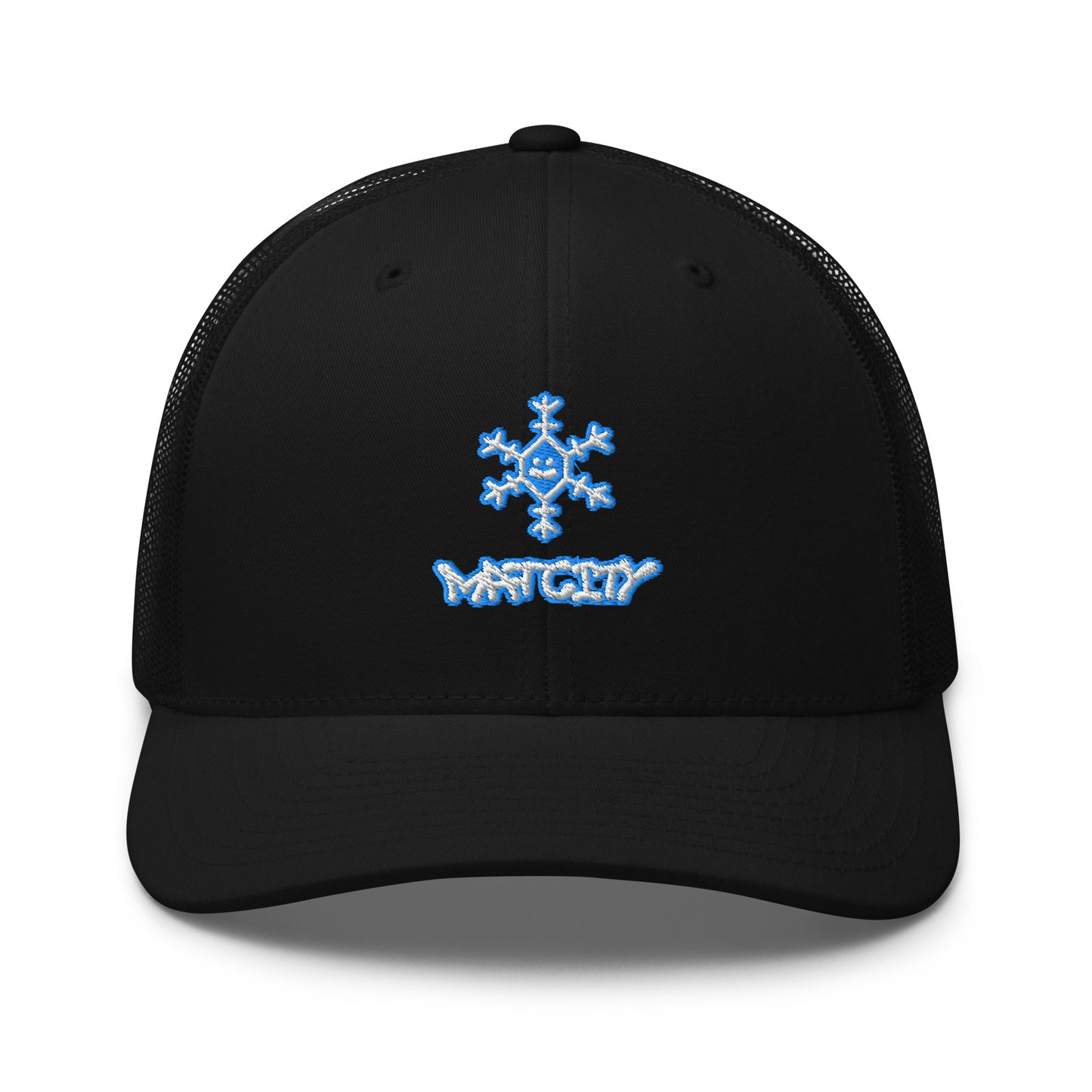 Black trucker cap with mesh back, front panel shows bold blue embroidered snowflake above Matcity graffiti logo.