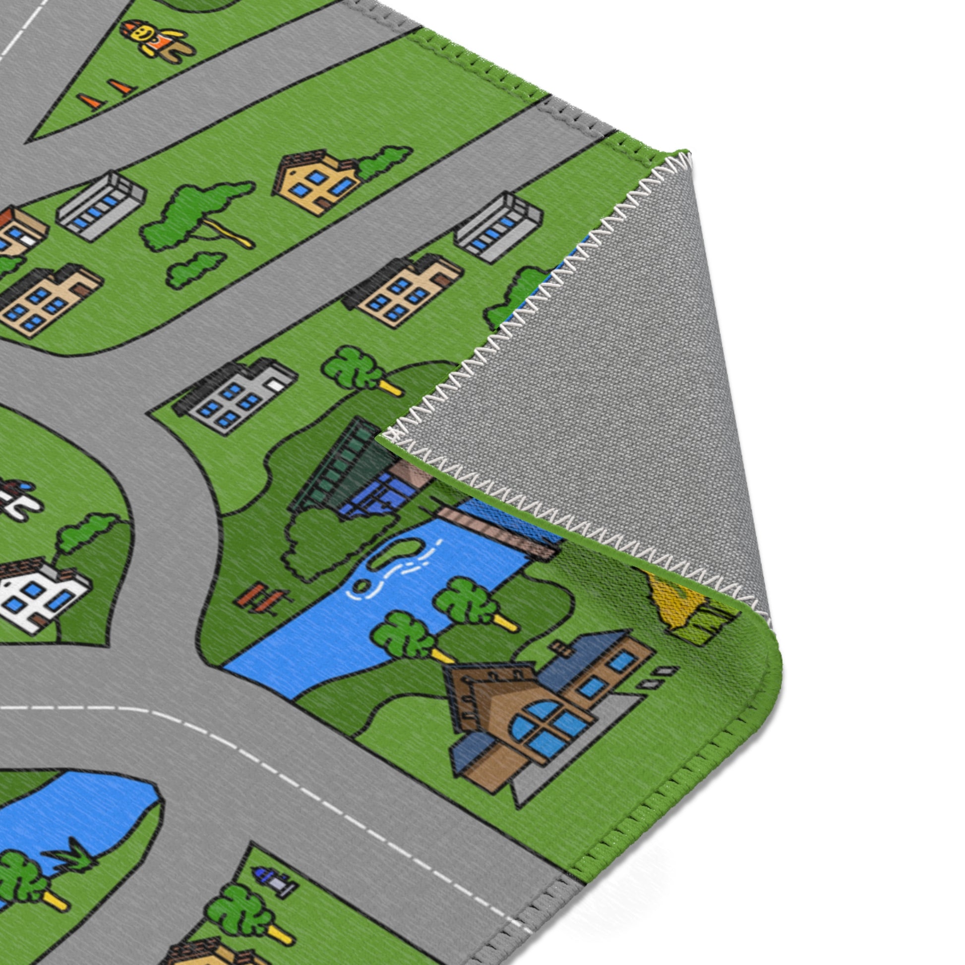 A close-up of the Matcity Dallas Mat’s stitched edges and soft fabric backing, highlighting the vibrant city details and durable construction.