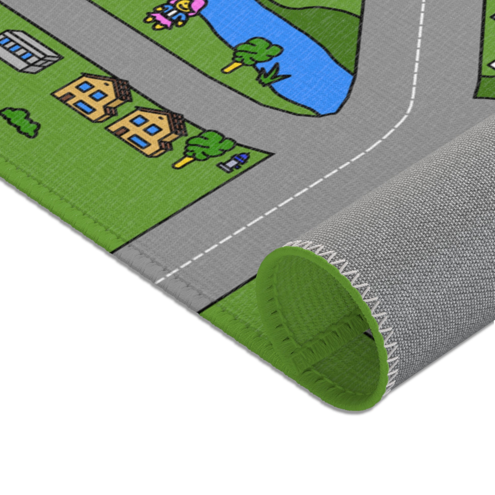 A rolled-up section of the Matcity Dallas Mat, showing its flexible material, reinforced stitching, and green edge trim.