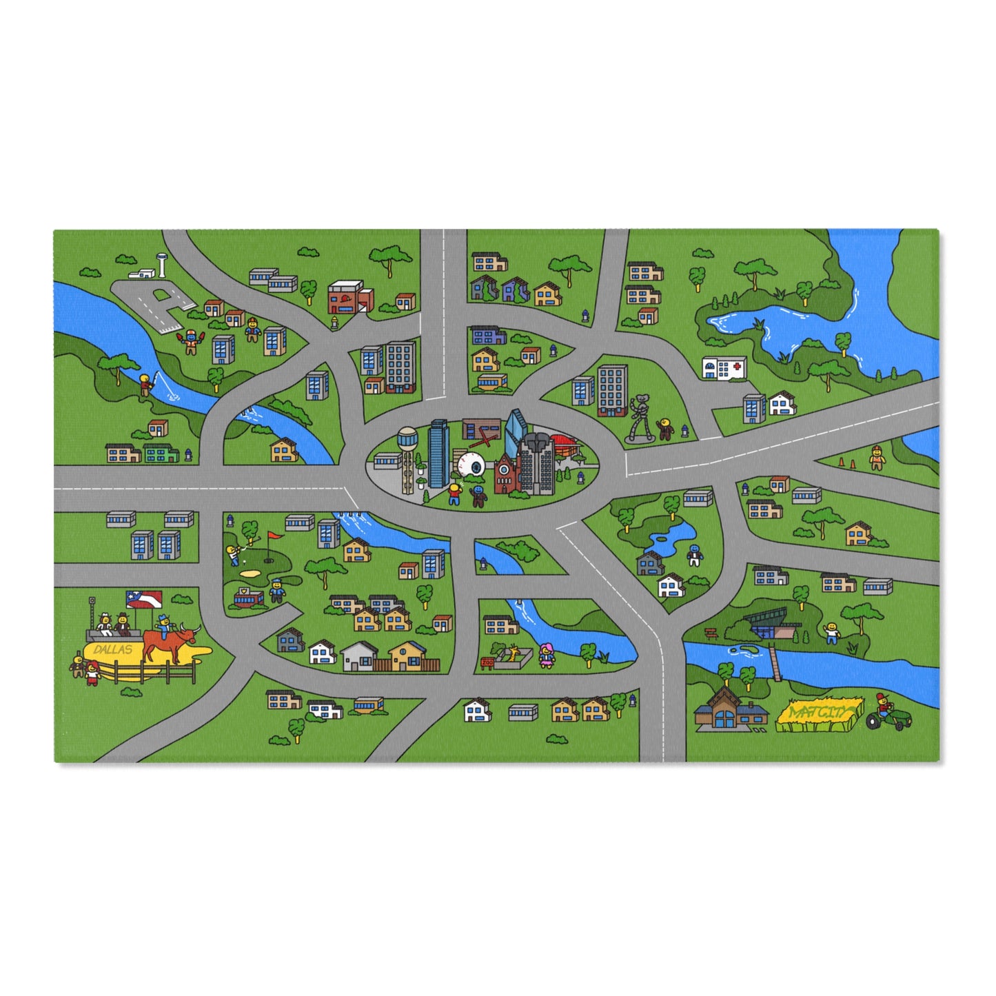 A full view of the Matcity Dallas Mat, showcasing a colorful city layout with winding roads, buildings, rivers, and iconic landmarks like a cowboy on a bull.