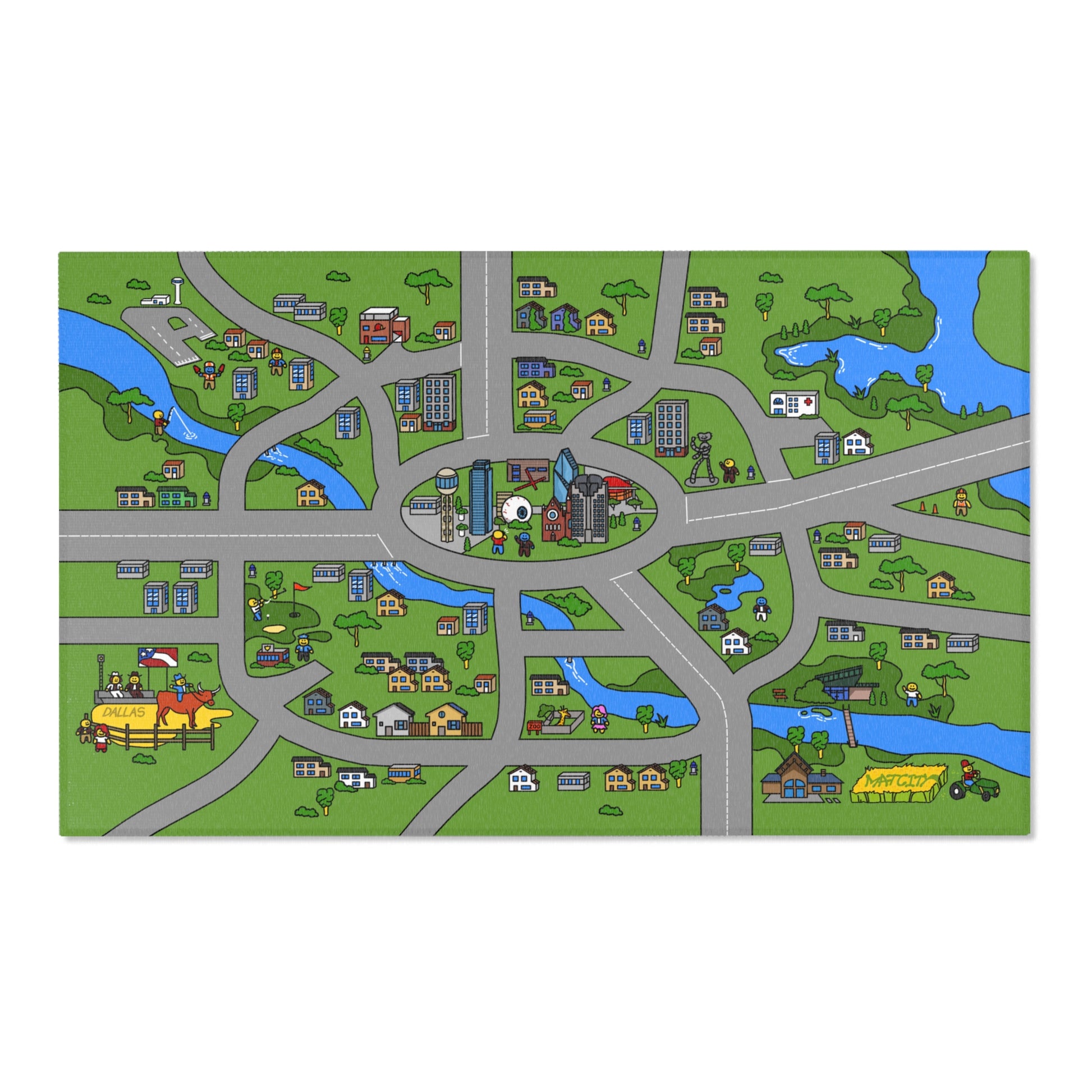 A full view of the Matcity Dallas Mat, showcasing a colorful city layout with winding roads, buildings, rivers, and iconic landmarks like a cowboy on a bull.