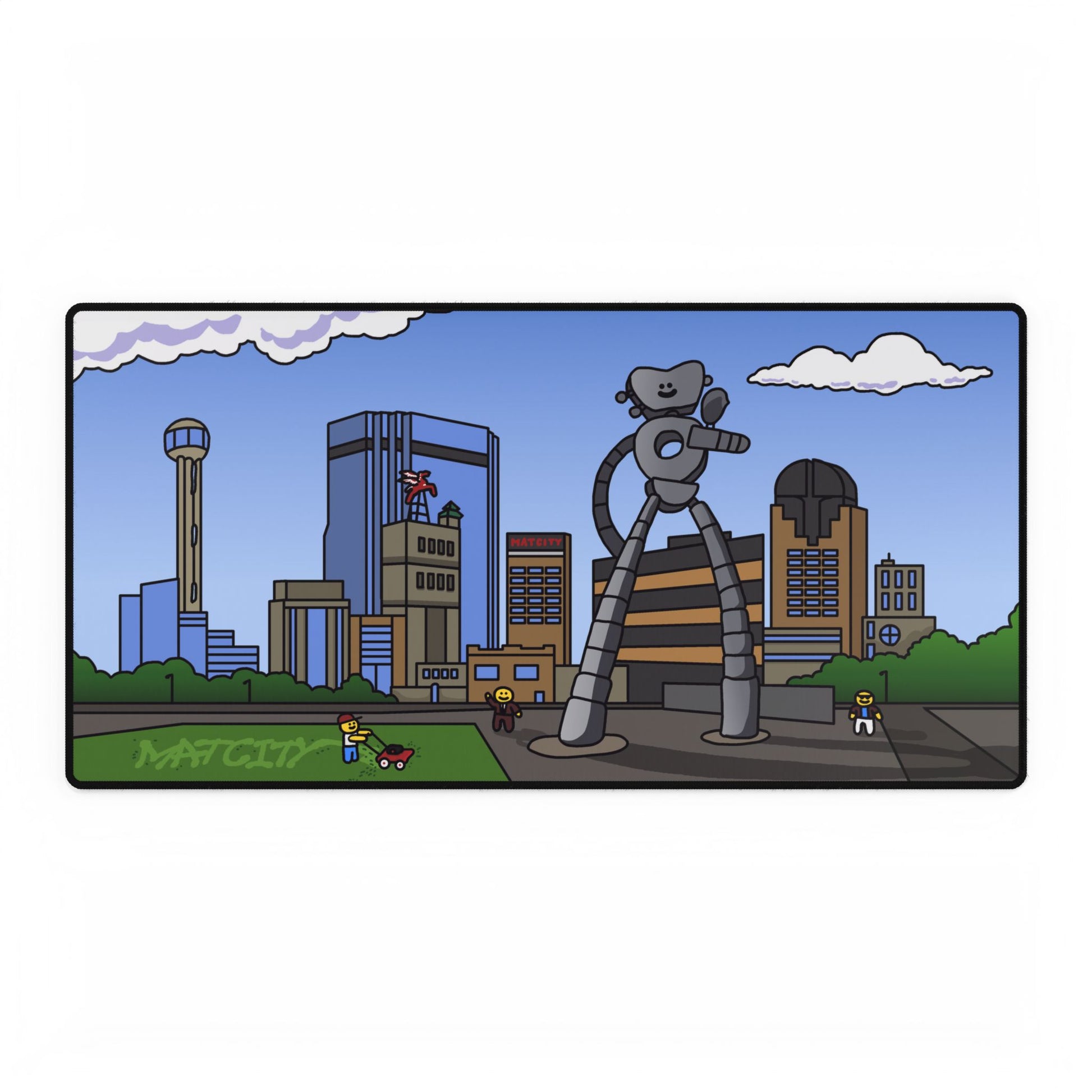 Wide desk mat shows full Dallas skyline with Reunion Tower, skyscrapers, and giant robot; tiny figures mow grass in the foreground.