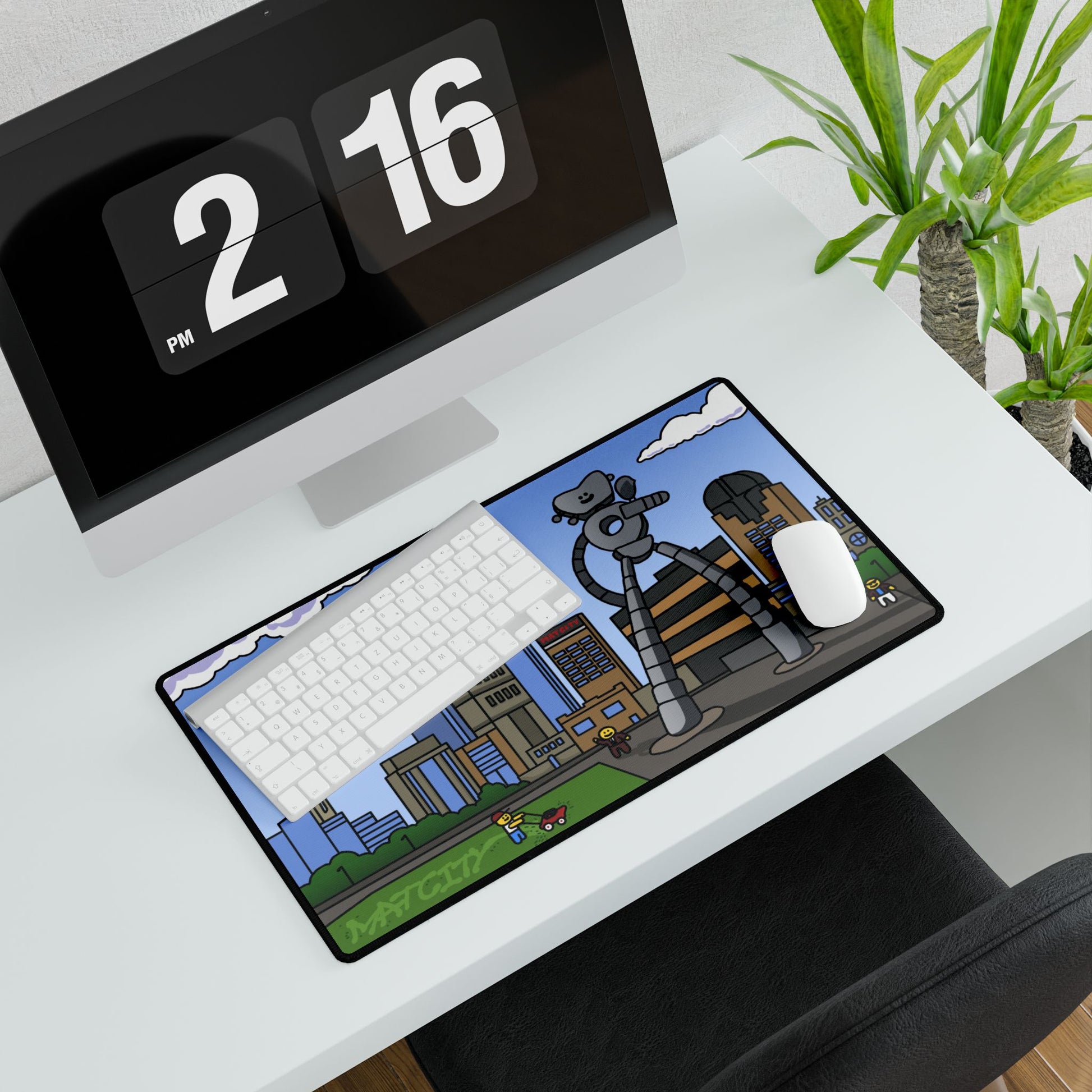 Mid-size mat under a keyboard and mouse shows the skyline and robot with space for peripherals.