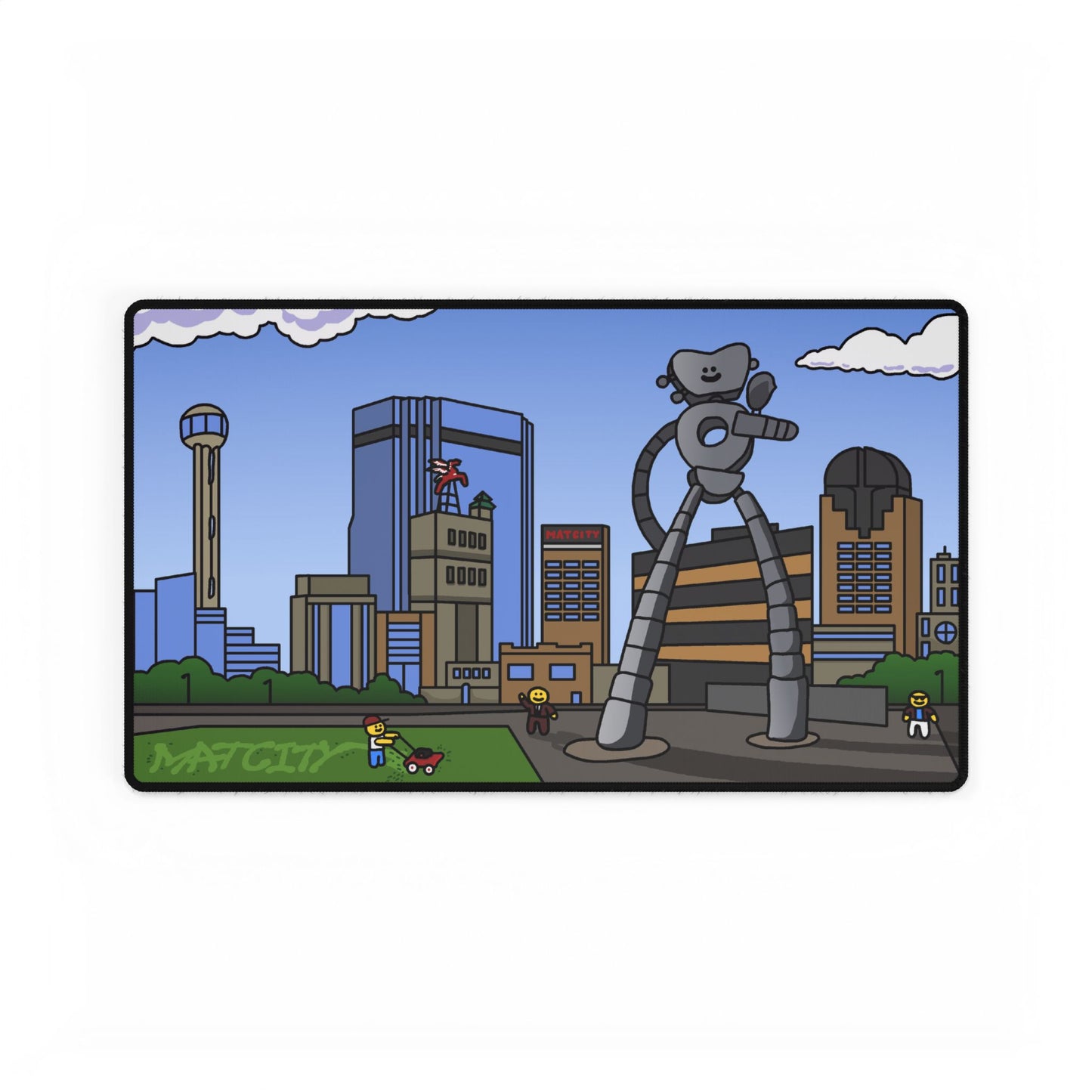 Mid-size pad repeats the skyline and robot scene, scaled to fit the surface.