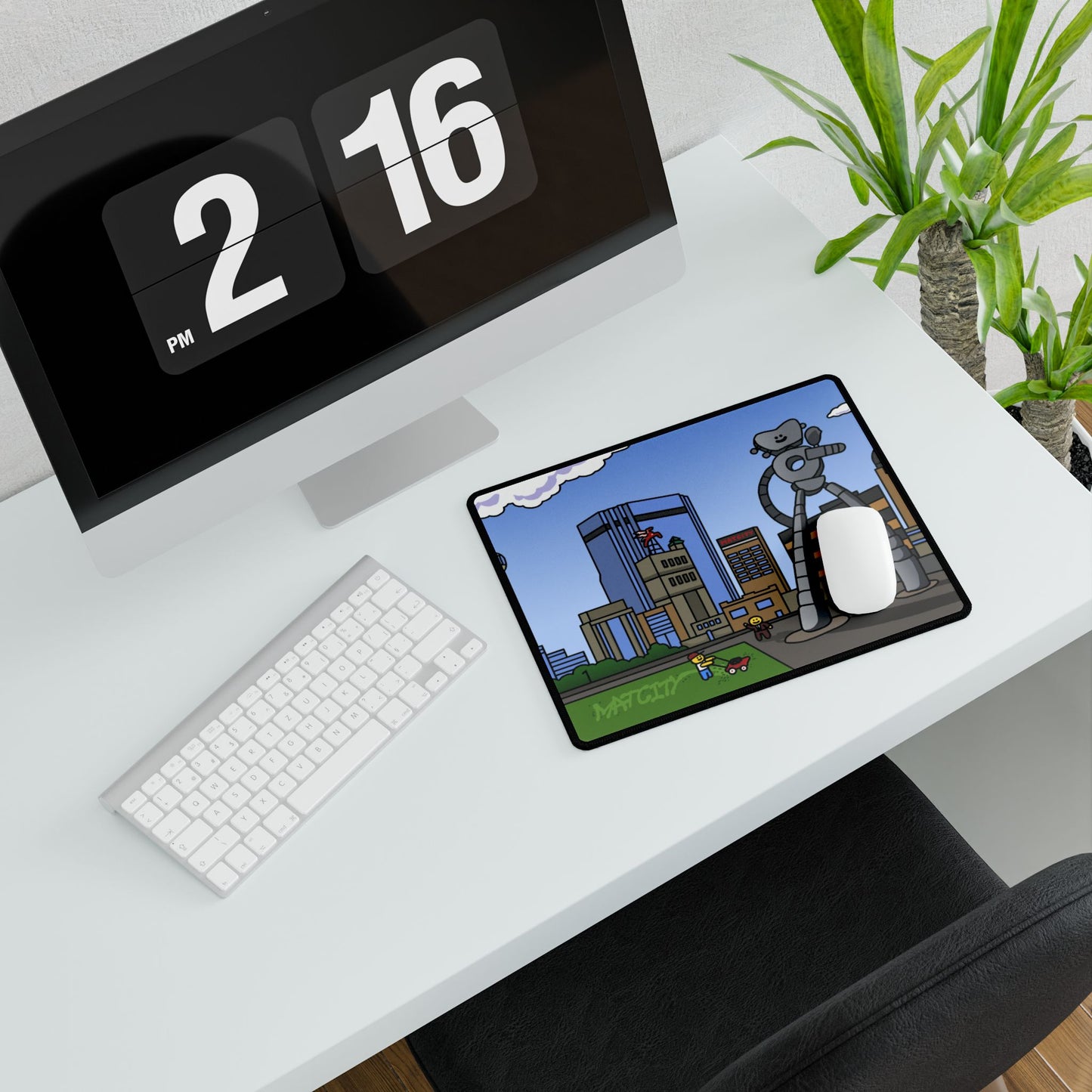 Standard mouse pad beside a keyboard features the Dallas artwork and green Matcity logo in the grass.