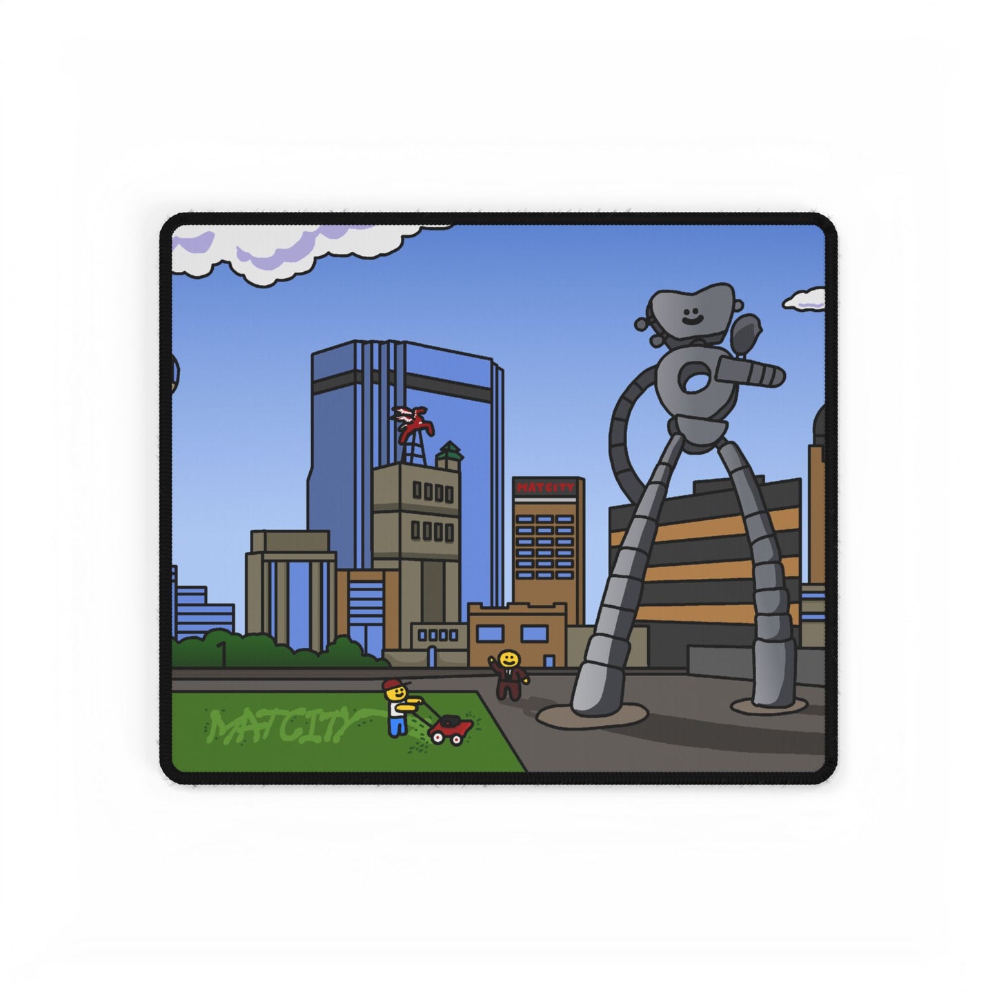 Compact pad centers on the robot and nearby high-rises with a grassy park below.