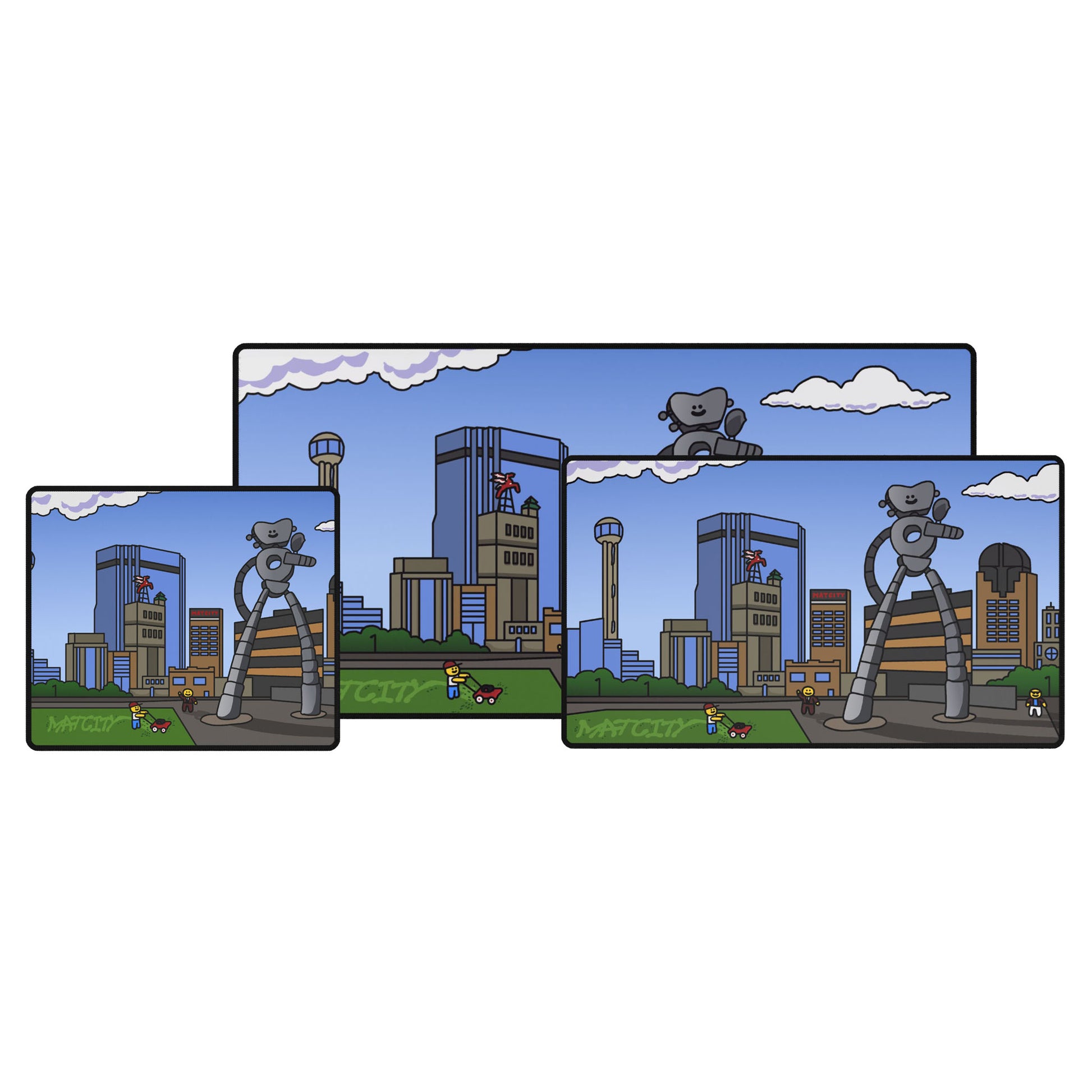 Three rectangular mouse pads (small, medium, large) display the Dallas skyline and towering silver “Traveling Man” robot under a blue sky with clouds.