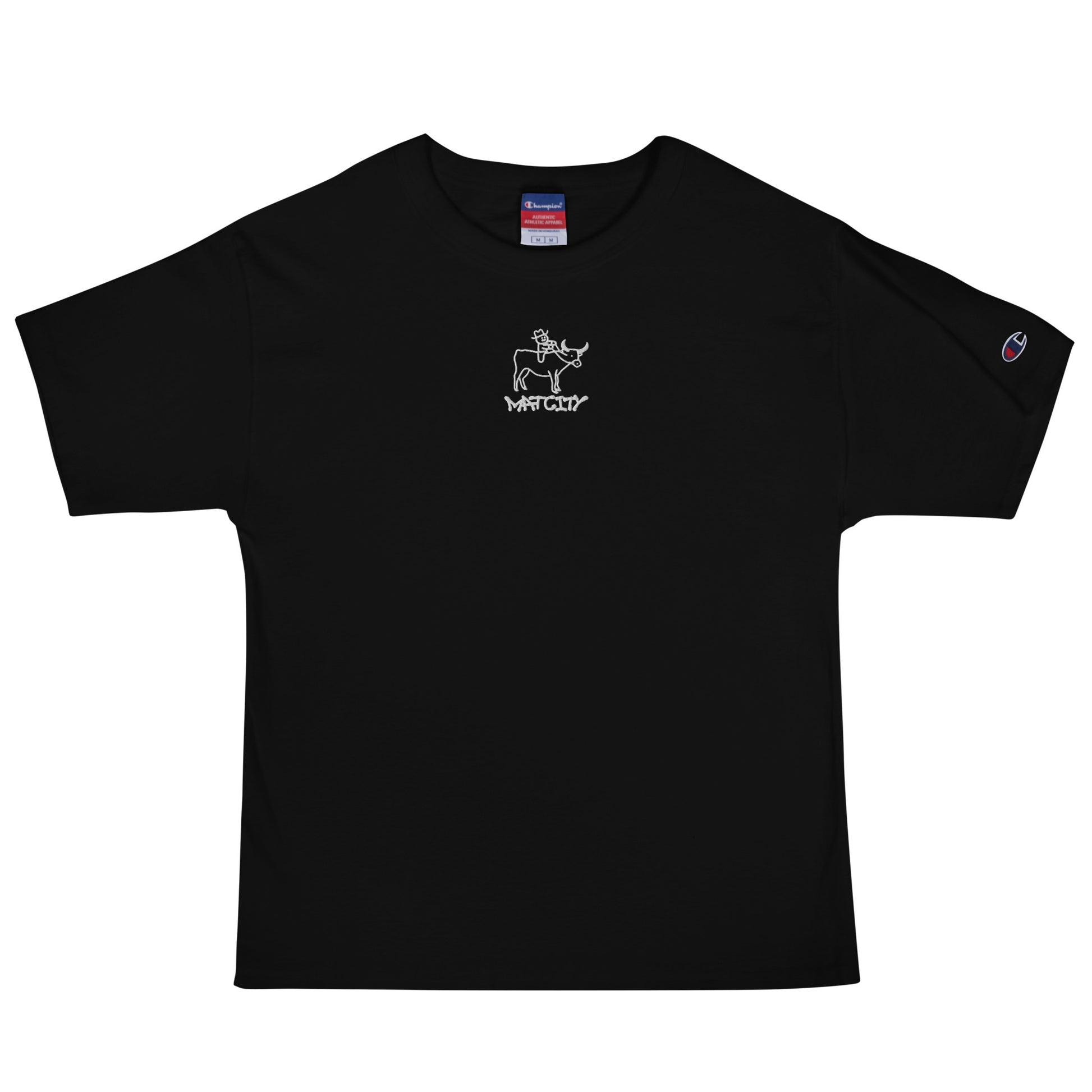 Black Champion tee showcasing the same white embroidered cowboy-on-longhorn graphic and Matcity script, centered on the front.