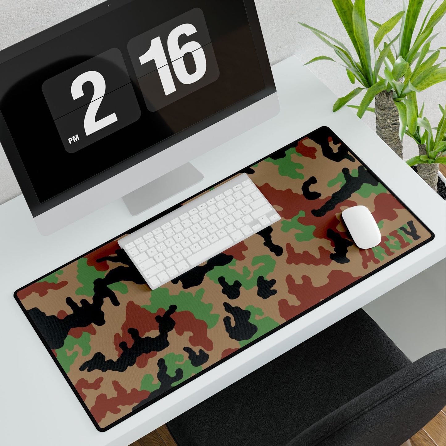 Leibermuster camouflage mouse pad large on a desk with a computer, keyboard and mouse
