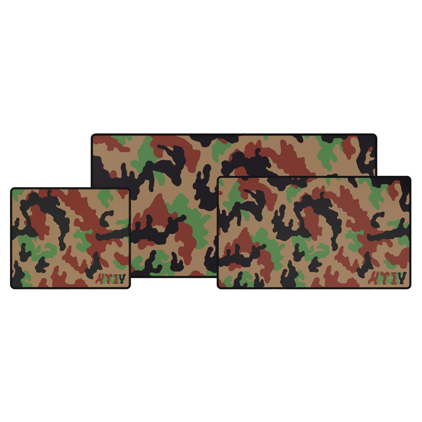 Three Leibermuster camouflage patterned mouse pads on a white background