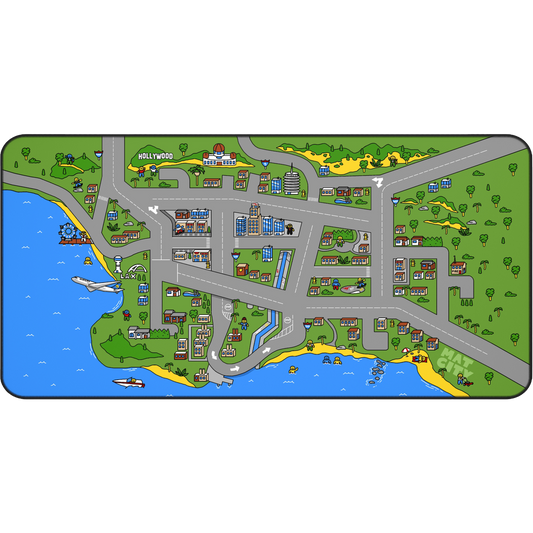 A mockup of the Matcity Los Angeles Mouse Mat Large, showcasing a vibrant city map with landmarks like LAX, Hollywood, and the beach along the coastline.