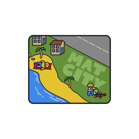 A detailed view of the Matcity Los Angeles Mouse Mat Small, showing a beachside scene with palm trees, houses, and playful characters enjoying the sun.