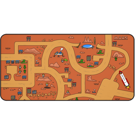 A top-down view of the Matcity Mars Mouse Mat Large, showcasing its bright red landscape design, featuring Martian buildings, pathways, and a rocket labeled "Matcity."