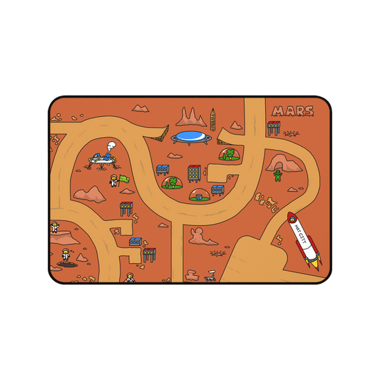 A top-down view of the Matcity Mars Mouse Mat Medium. The design showcases a fictional Mars city with buildings, roads, a rocket labeled "Matcity," and space exploration elements on a red Martian landscape.