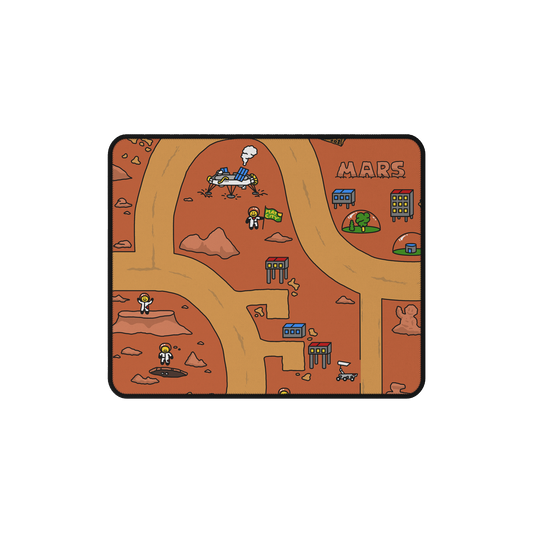 A top-down view of the Matcity Mars Mouse Mat Small, featuring a playful design with astronauts, rovers, and Martian landscapes in vibrant red tones.