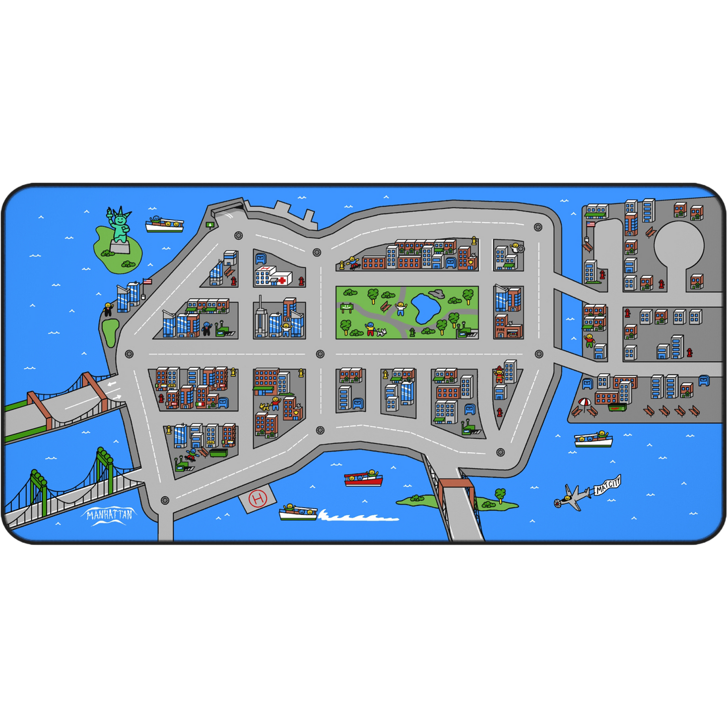 A flat view of the Matcity New York Mouse Mat Large, showcasing the detailed city map with gray roads, colorful buildings, Central Park in green, and blue water surrounding the island.