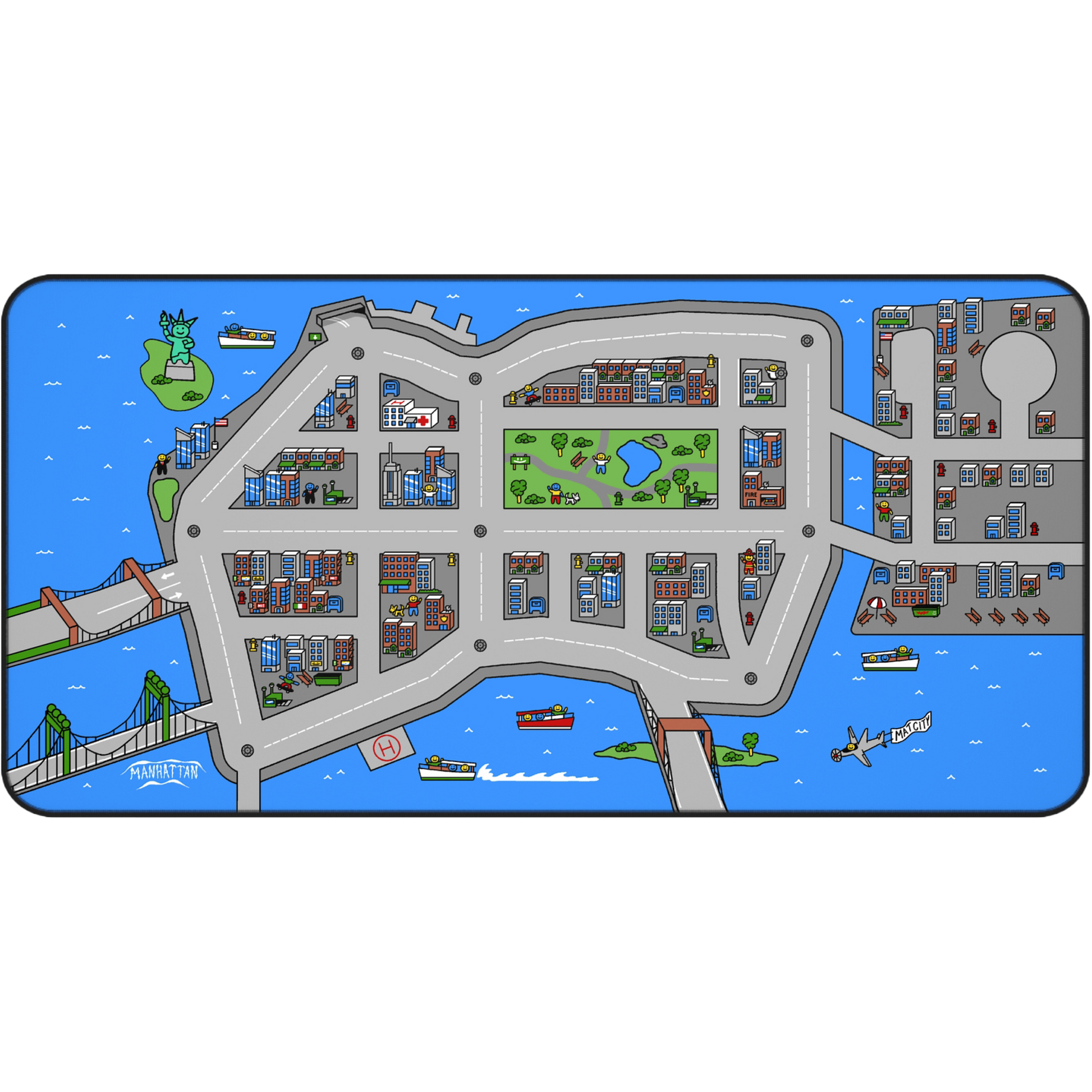 A flat view of the Matcity New York Mouse Mat Large, showcasing the detailed city map with gray roads, colorful buildings, Central Park in green, and blue water surrounding the island.