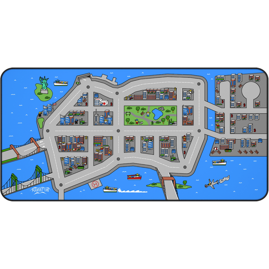 A flat view of the Matcity New York Mouse Mat Large, showcasing the detailed city map with gray roads, colorful buildings, Central Park in green, and blue water surrounding the island.