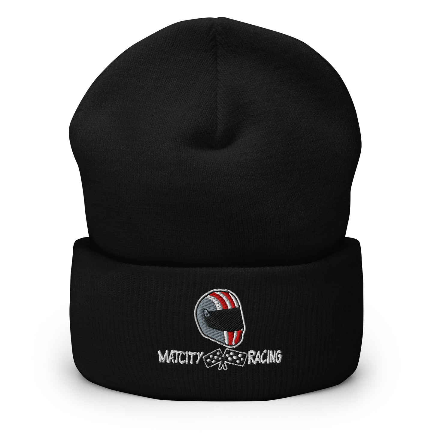 A black beanie with the Matcity Raceway logo embroidered on the front, featuring a sleek helmet with red and white stripes.