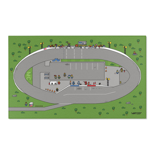 A top view of the Matcity Raceway Mat showcasing a detailed race track with pit stops, cheering spectators, and green surroundings.