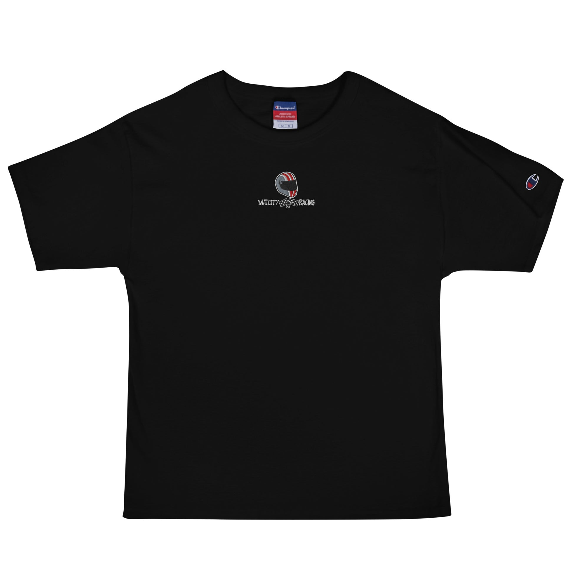 A black T-shirt with the Matcity Raceway embroidered helmet logo in red, white, and gray on the chest. Classic and sporty design.