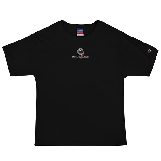 A black T-shirt with the Matcity Raceway embroidered helmet logo in red, white, and gray on the chest. Classic and sporty design.