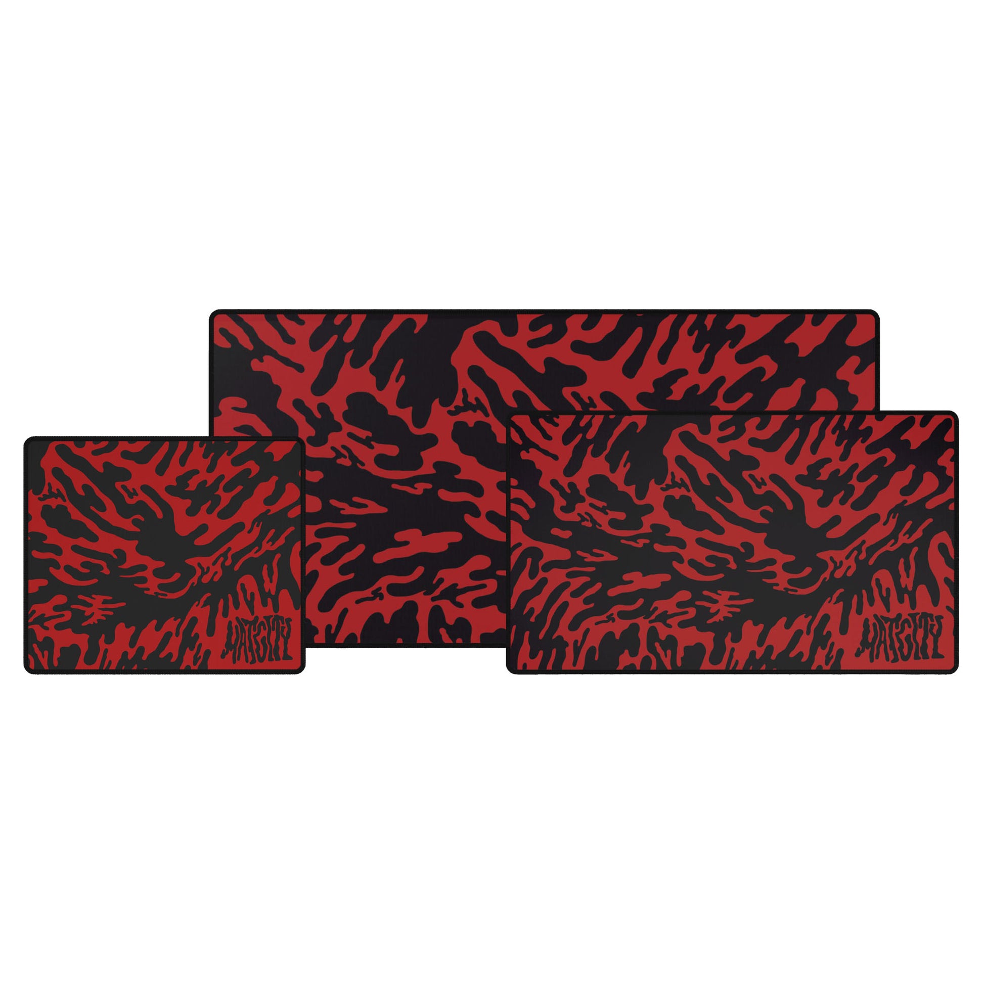 Three red tieger camouflage patterned mouse pads on a white background